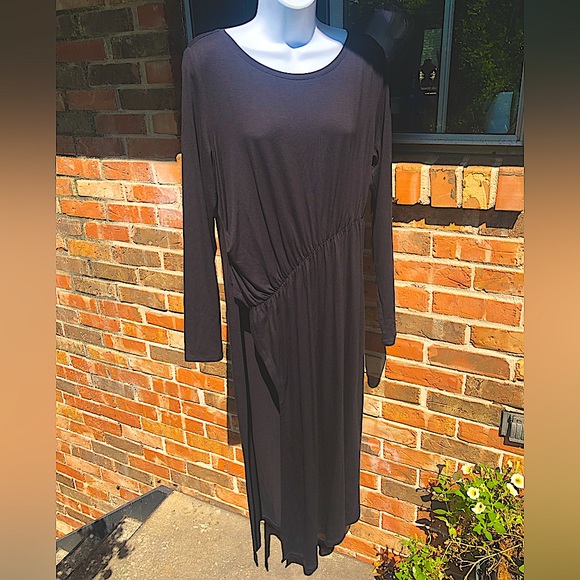 Peruvian Connection Long Black Tunic W/ Diagonal Shirring ,High Side Slit. Sz Lg - Picture 1 of 13